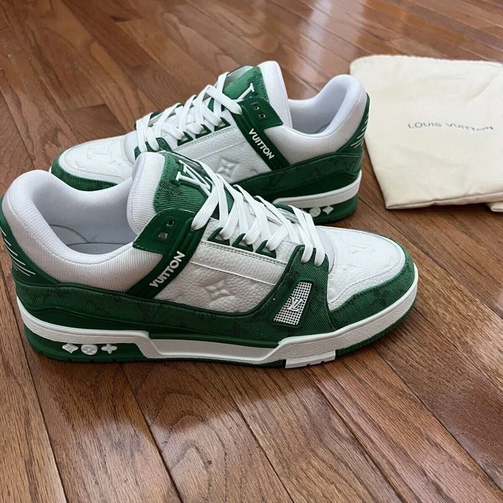 AUTH Louis Vuitton LV Trainers Men Sneakers Low Top Shoes Size 11 Green Monogram - Picture 2 of 5